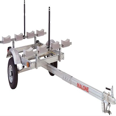Malone MPG586XL EcoLight 4 Kayak Trailer with 4 Foam Kayak Carriers & Stacker | 14' / 400 lbs Capacity | Fully Submersible | Marine Grade Galvanized Steel Construction