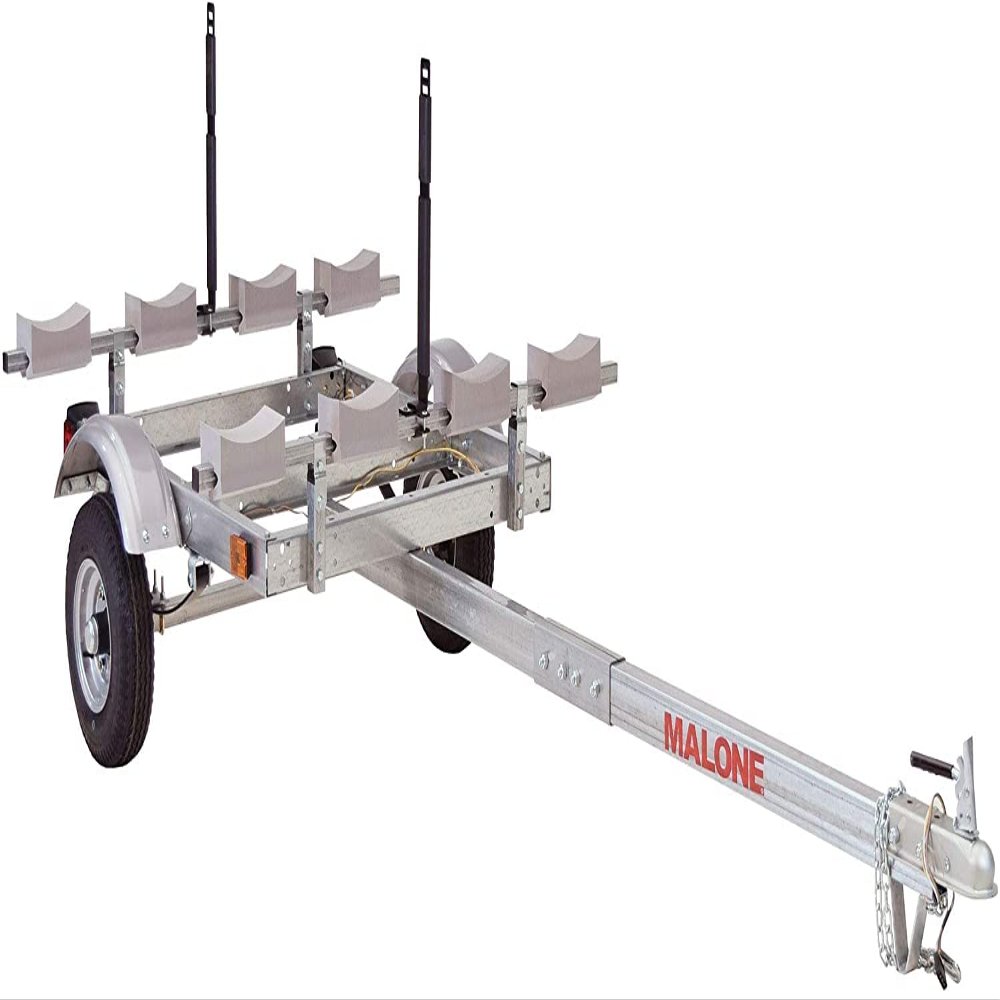 Malone MPG586XL EcoLight 4 Kayak Trailer with 4 Foam Kayak Carriers & Stacker | 14' / 400 lbs Capacity | Fully Submersible | Marine Grade Galvanized Steel Construction