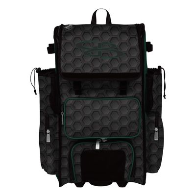 Boombah Rolling Superpack 2.0 3DHC Baseball/Softball Gear Bag - 23-1/2" x 13-1/2" x 9-1/2" - Black/Dark Green - Telescopic Handle - Holds 4 Bats - Wheeled Version