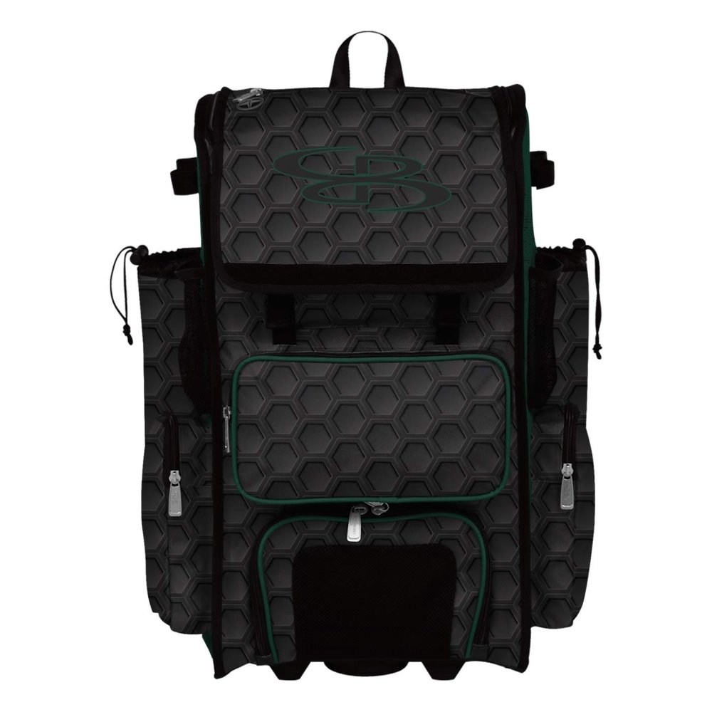 Boombah Rolling Superpack 2.0 3DHC Baseball/Softball Gear Bag - 23-1/2" x 13-1/2" x 9-1/2" - Black/Dark Green - Telescopic Handle - Holds 4 Bats - Wheeled Version