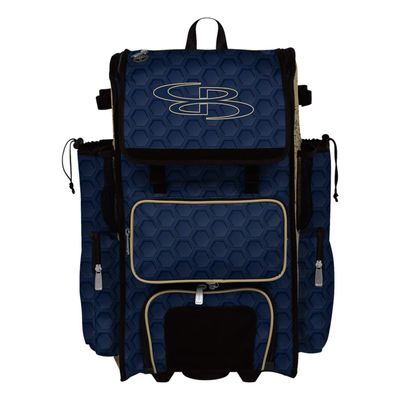 Boombah Rolling Superpack 2.0 3DHC Baseball/Softball Gear Bag - 23-1/2" x 13-1/2" x 9-1/2" - Navy/Vegas Gold - Telescopic Handle - Holds 4 Bats - Wheeled Version