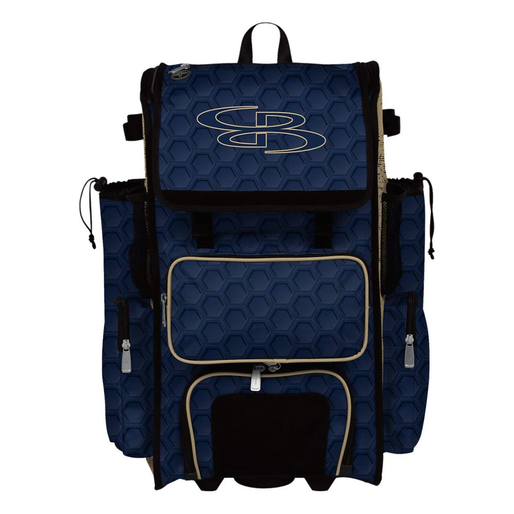 Boombah Rolling Superpack 2.0 3DHC Baseball/Softball Gear Bag - 23-1/2" x 13-1/2" x 9-1/2" - Navy/Vegas Gold - Telescopic Handle - Holds 4 Bats - Wheeled Version