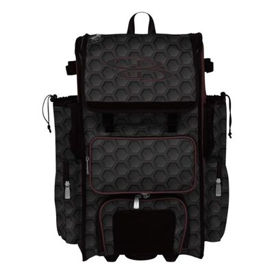 Boombah Rolling Superpack 2.0 3DHC Baseball/Softball Gear Bag - 23-1/2" x 13-1/2" x 9-1/2" - Black/Maroon - Telescopic Handle - Holds 4 Bats - Wheeled Version