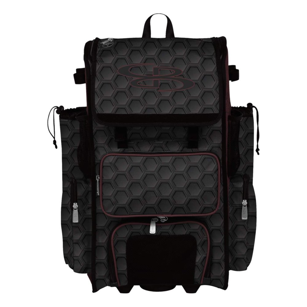 Boombah Rolling Superpack 2.0 3DHC Baseball/Softball Gear Bag - 23-1/2" x 13-1/2" x 9-1/2" - Black/Maroon - Telescopic Handle - Holds 4 Bats - Wheeled Version