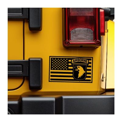 101st Airborne Patch Embedded in US Flag Vinyl Decal (Black, 12 inches Wide)