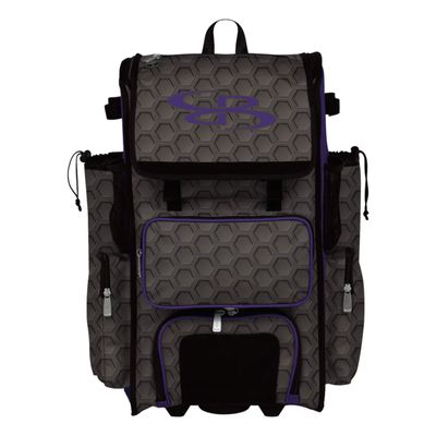 Boombah Rolling Superpack 2.0 3DHC Baseball/Softball Gear Bag - 23-1/2" x 13-1/2" x 9-1/2" - Dark Charcoal/Purple - Telescopic Handle - Holds 4 Bats - Wheeled Version