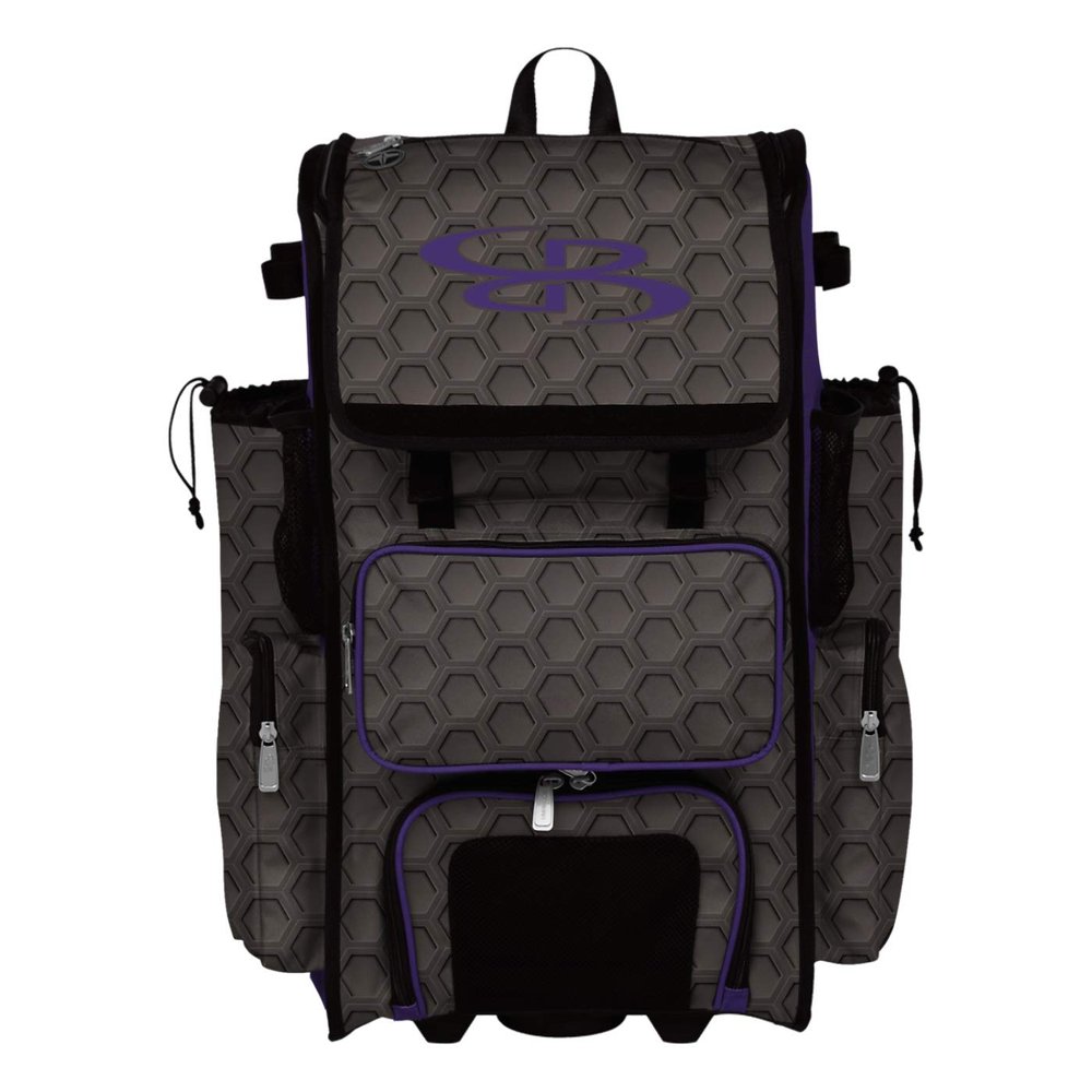 Boombah Rolling Superpack 2.0 3DHC Baseball/Softball Gear Bag - 23-1/2" x 13-1/2" x 9-1/2" - Dark Charcoal/Purple - Telescopic Handle - Holds 4 Bats - Wheeled Version