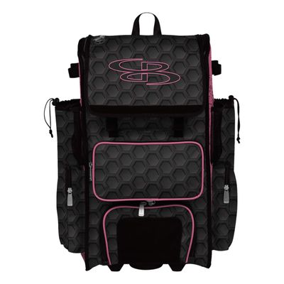 Boombah Rolling Superpack 2.0 3DHC Baseball/Softball Gear Bag - 23-1/2" x 13-1/2" x 9-1/2" - Black/Pink - Telescopic Handle - Holds 4 Bats - Wheeled Version