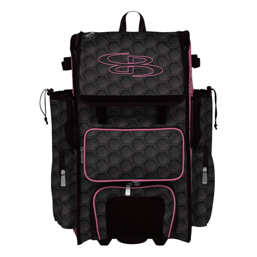 Boombah Rolling Superpack 2.0 3DHC Baseball/Softball Gear Bag - 23-1/2" x 13-1/2" x 9-1/2" - Black/Pink - Telescopic Handle - Holds 4 Bats - Wheeled Version