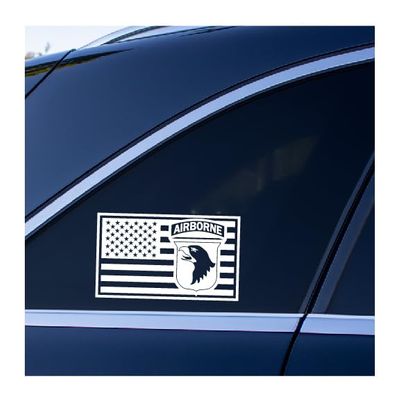 101st Airborne Patch Embedded in US Flag Vinyl Decal (White, 10 inches Wide)