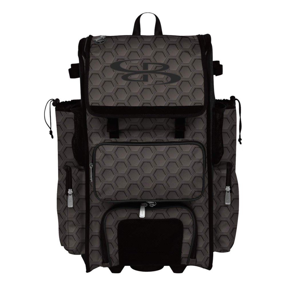 Boombah Rolling Superpack 2.0 3DHC Baseball/Softball Gear Bag - 23-1/2" x 13-1/2" x 9-1/2" - Dark Charcoal/Black - Telescopic Handle - Holds 4 Bats - Wheeled Version