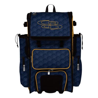 Boombah Rolling Superpack 2.0 3DHC Baseball/Softball Gear Bag - 23-1/2" x 13-1/2" x 9-1/2" - Navy/Gold - Telescopic Handle - Holds 4 Bats - Wheeled Version