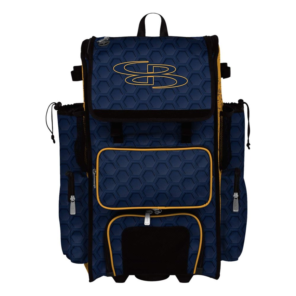 Boombah Rolling Superpack 2.0 3DHC Baseball/Softball Gear Bag - 23-1/2" x 13-1/2" x 9-1/2" - Navy/Gold - Telescopic Handle - Holds 4 Bats - Wheeled Version