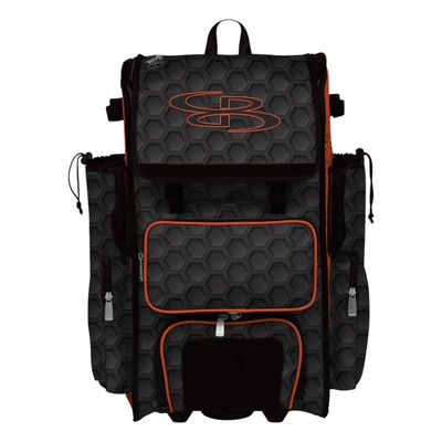 Boombah Rolling Superpack 2.0 3DHC Baseball/Softball Gear Bag - 23-1/2" x 13-1/2" x 9-1/2" - Black/Orange - Telescopic Handle - Holds 4 Bats - Wheeled Version