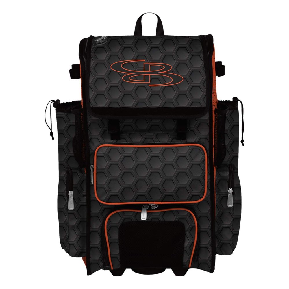 Boombah Rolling Superpack 2.0 3DHC Baseball/Softball Gear Bag - 23-1/2" x 13-1/2" x 9-1/2" - Black/Orange - Telescopic Handle - Holds 4 Bats - Wheeled Version