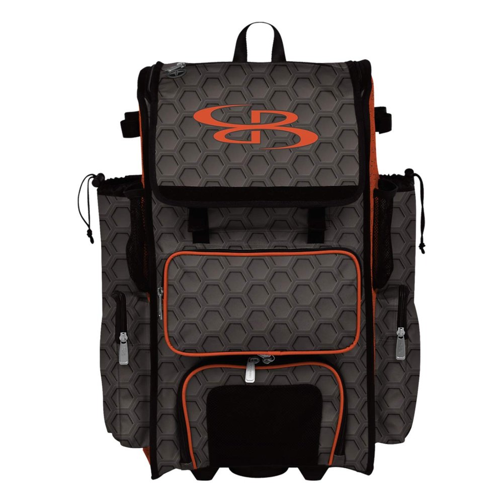 Boombah Rolling Superpack 2.0 3DHC Baseball/Softball Gear Bag - 23-1/2" x 13-1/2" x 9-1/2" - Dark Charcoal/Orange - Telescopic Handle - Holds 4 Bats - Wheeled Version