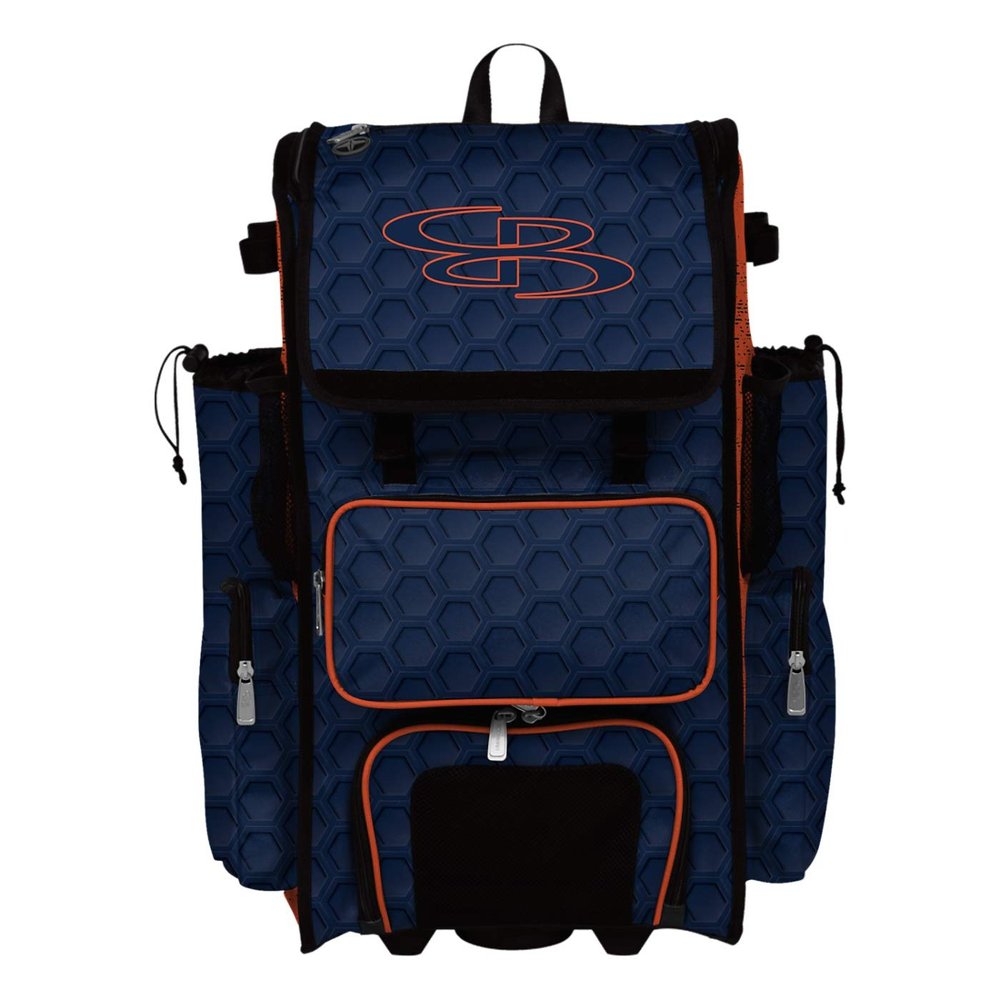 Boombah Rolling Superpack 2.0 3DHC Baseball/Softball Gear Bag - 23-1/2" x 13-1/2" x 9-1/2" - Navy/Orange - Telescopic Handle - Holds 4 Bats - Wheeled Version