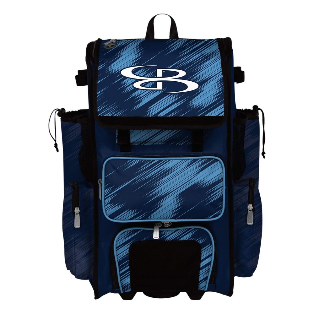 Boombah Rolling Superpack 2.0 Scratch Baseball/Softball Gear Bag - 23-1/2" x 13-1/2" x 9-1/2" - Navy/Columbia - Telescopic Handle - Holds 4 Bats - Wheeled Version