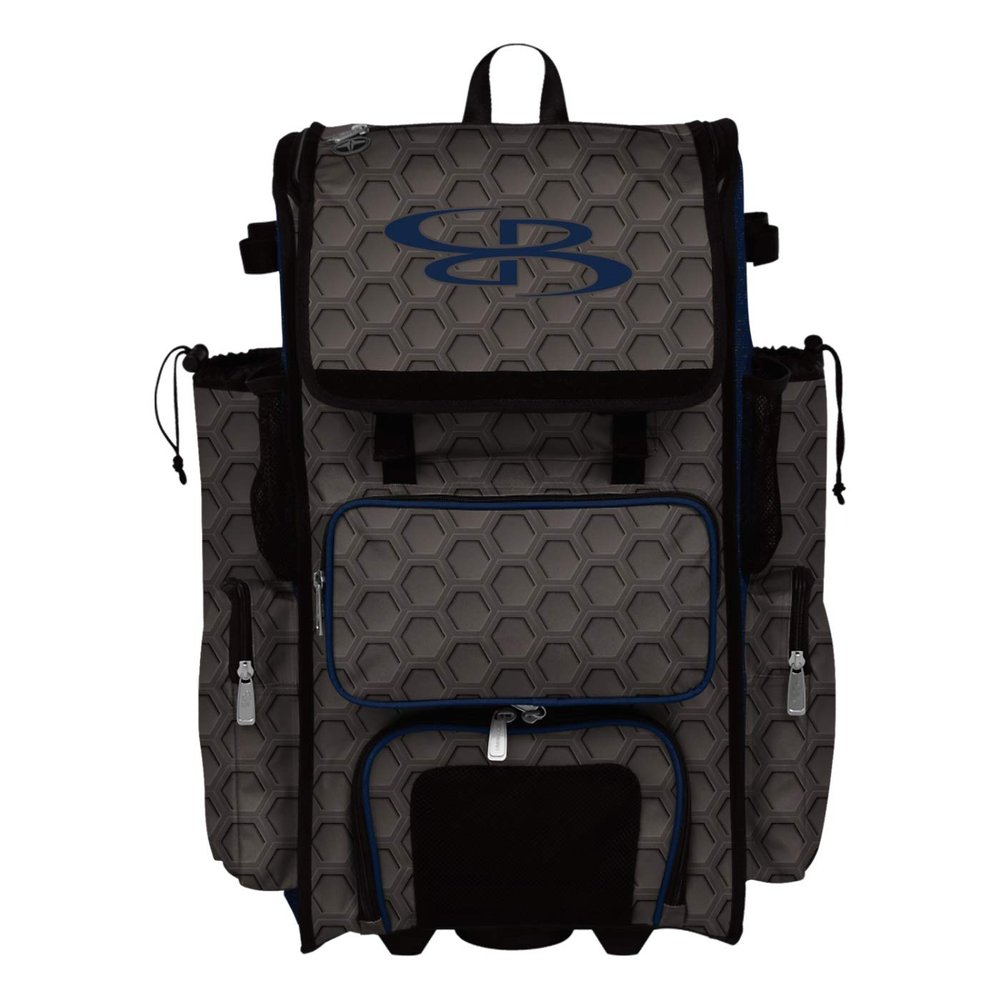 Boombah Rolling Superpack 2.0 3DHC Baseball/Softball Gear Bag - 23-1/2" x 13-1/2" x 9-1/2" - Dark Charcoal/Navy - Telescopic Handle - Holds 4 Bats - Wheeled Version
