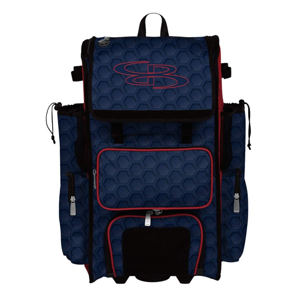 Boombah Rolling Superpack 2.0 3DHC Baseball/Softball Gear Bag - 23-1/2" x 13-1/2" x 9-1/2" - Navy/Red - Telescopic Handle - Holds 4 Bats - Wheeled Version