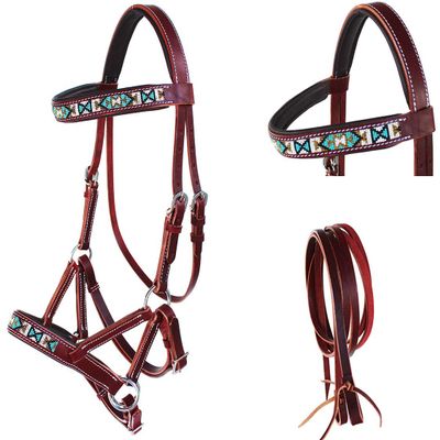 English Western Horse Leather Beaded Bitless Bridle Sidepull Rein 77RS13MG-F