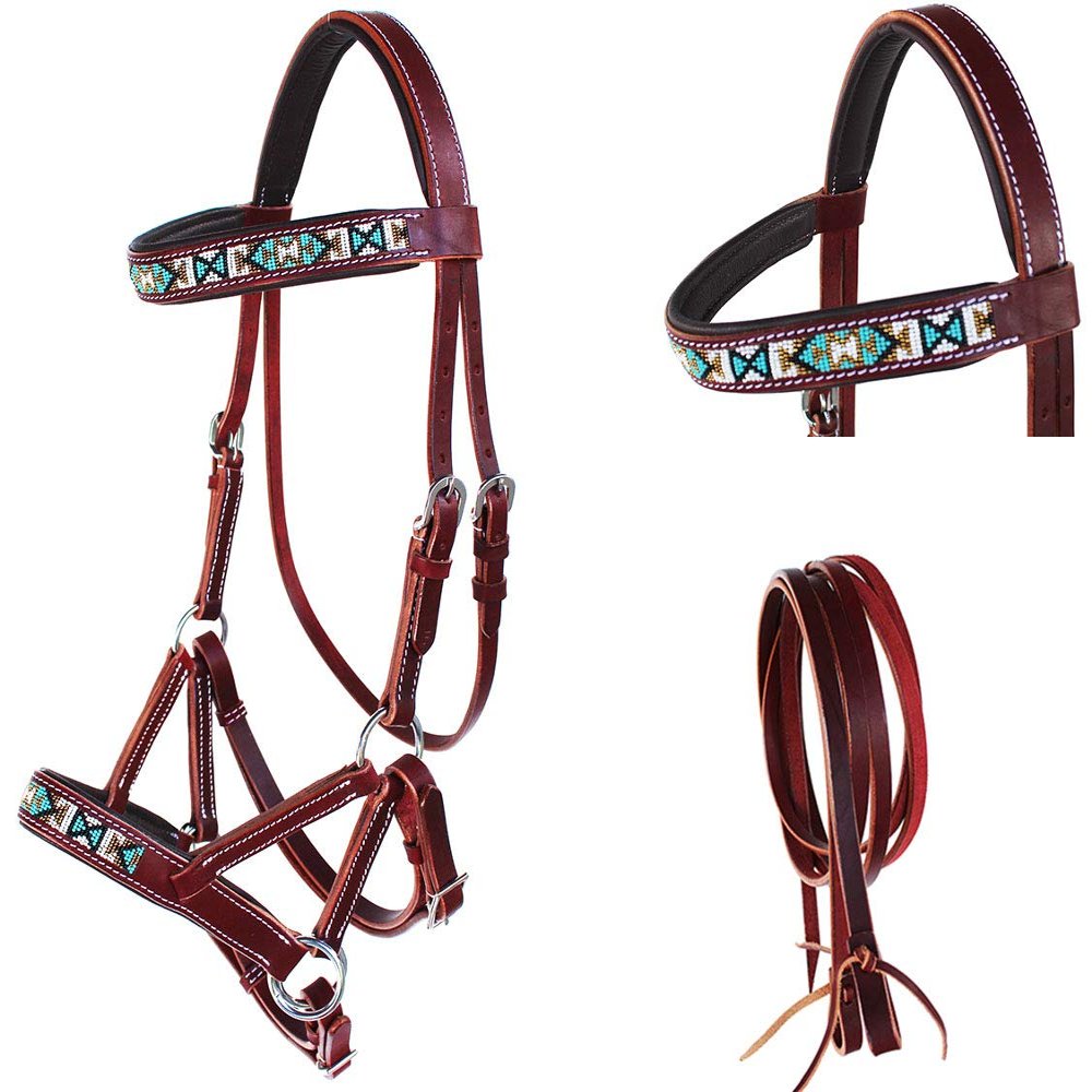 English Western Horse Leather Beaded Bitless Bridle Sidepull Rein 77RS13MG-F