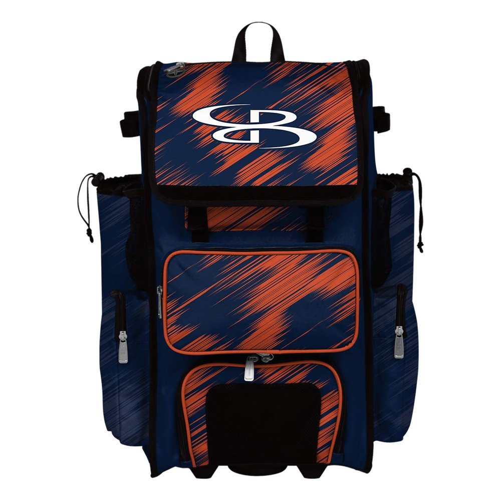 Boombah Rolling Superpack 2.0 Scratch Baseball/Softball Gear Bag - 23-1/2" x 13-1/2" x 9-1/2" - Navy/Orange - Telescopic Handle - Holds 4 Bats - Wheeled Version
