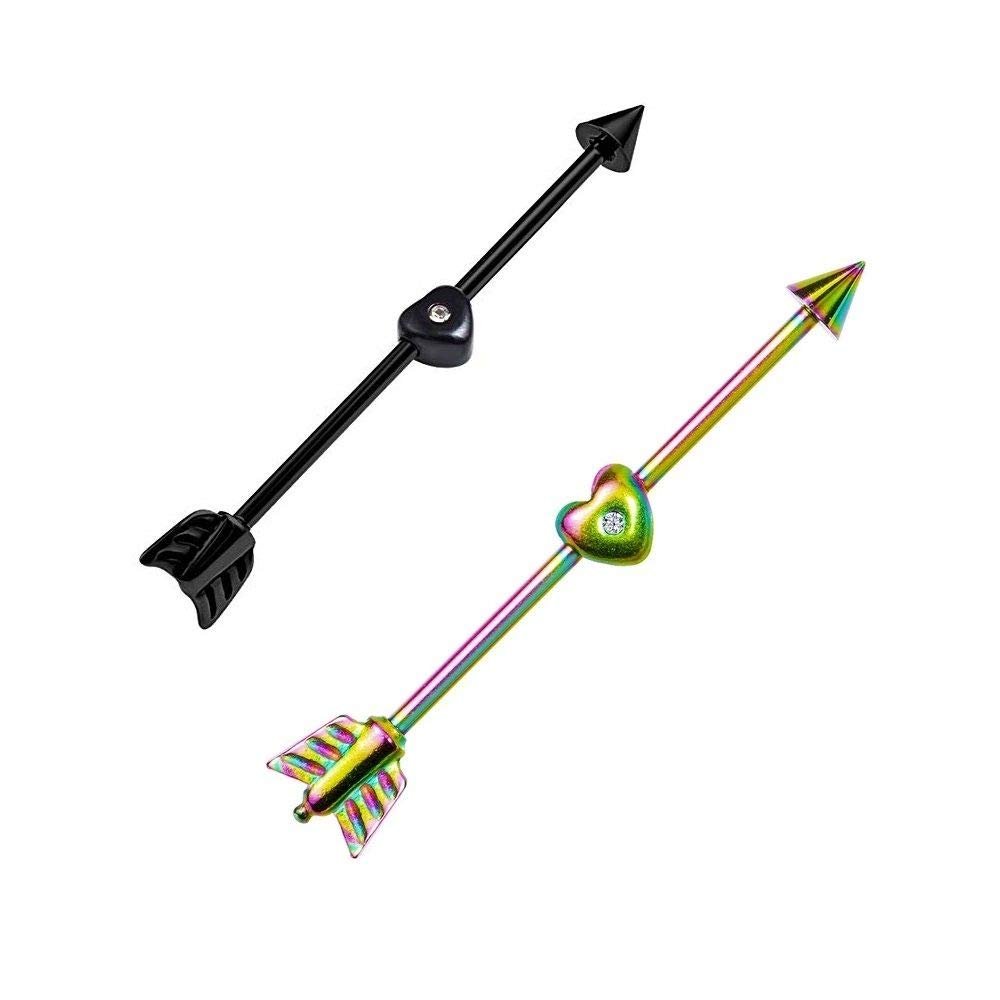 Luxe Modz Arrow and Heart Anodized Titanium Industrial Barbell Black and Rainbow 14ga - 2pc