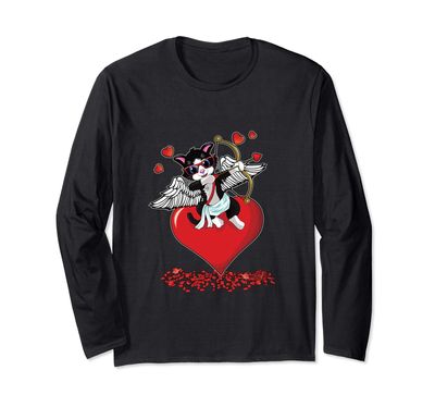 Valentines Cat Shirt Cute Cupid Black Cat Gift Girls Women Long Sleeve T-Shirt