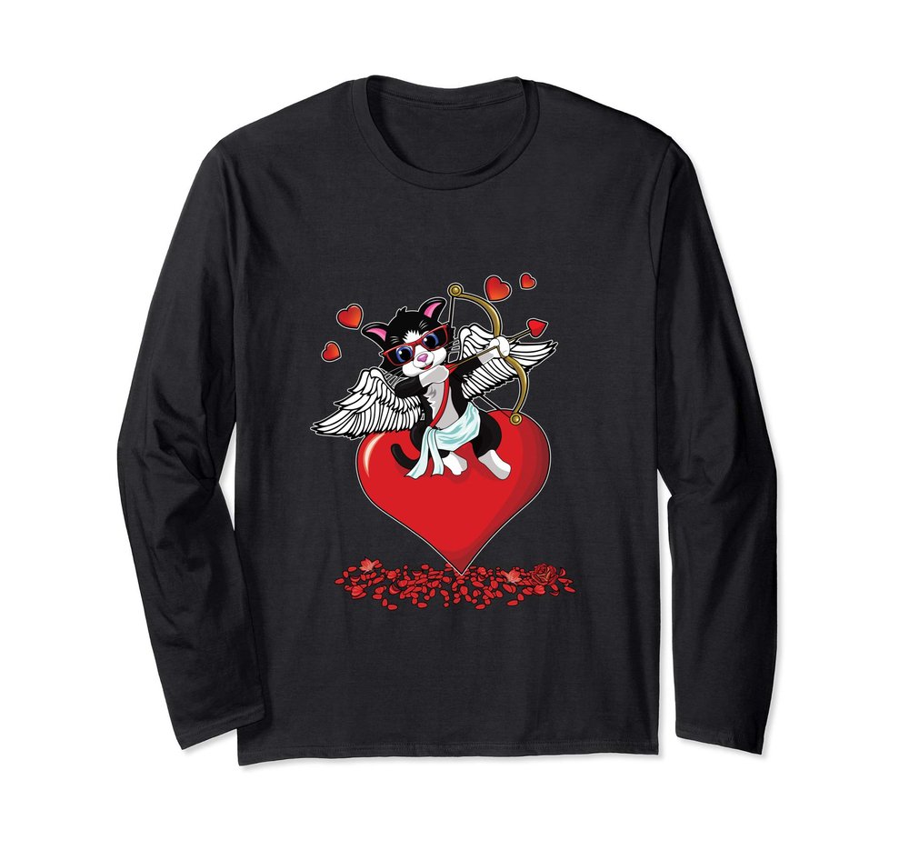Valentines Cat Shirt Cute Cupid Black Cat Gift Girls Women Long Sleeve T-Shirt