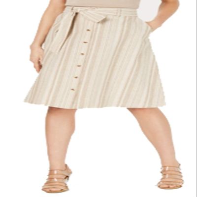 Bar III Striped Button-Front Midi Skirt (Nude Stone Multi, 4)