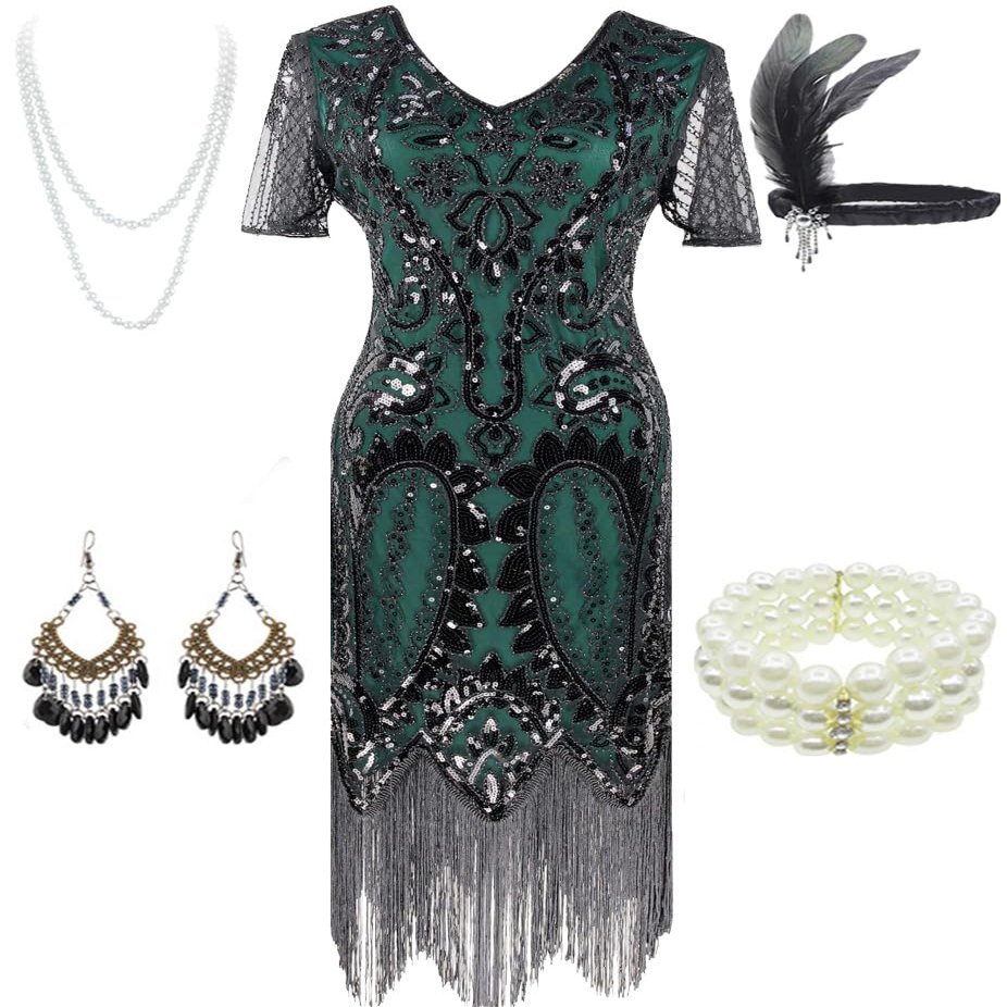 Women's 1920s Gatsby Inspired Sequin Beads Long Fringe Flapper Dress w/Accessories Set (Small, Style09-Black&Green)