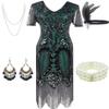 Women's 1920s Gatsby Inspired Sequin Beads Long Fringe Flapper Dress w/Accessories Set (Small, Style09-Black&Green) view 1