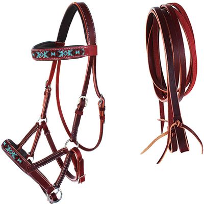 English Western Horse Leather Bitless Bridle Sidepull Halter Reins 77RS12MG-F
