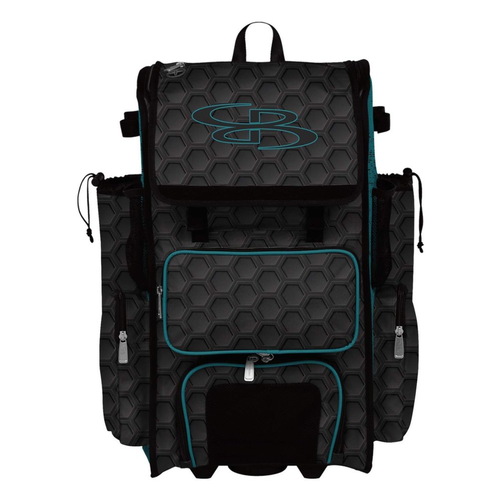 Boombah Rolling Superpack 2.0 3DHC Baseball/Softball Gear Bag - 23-1/2" x 13-1/2" x 9-1/2" - Black/Teal - Telescopic Handle - Holds 4 Bats - Wheeled Version