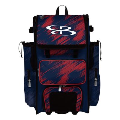 Boombah Rolling Superpack 2.0 Scratch Baseball/Softball Gear Bag - 23-1/2" x 13-1/2" x 9-1/2" - Navy/Red - Telescopic Handle - Holds 4 Bats - Wheeled Version