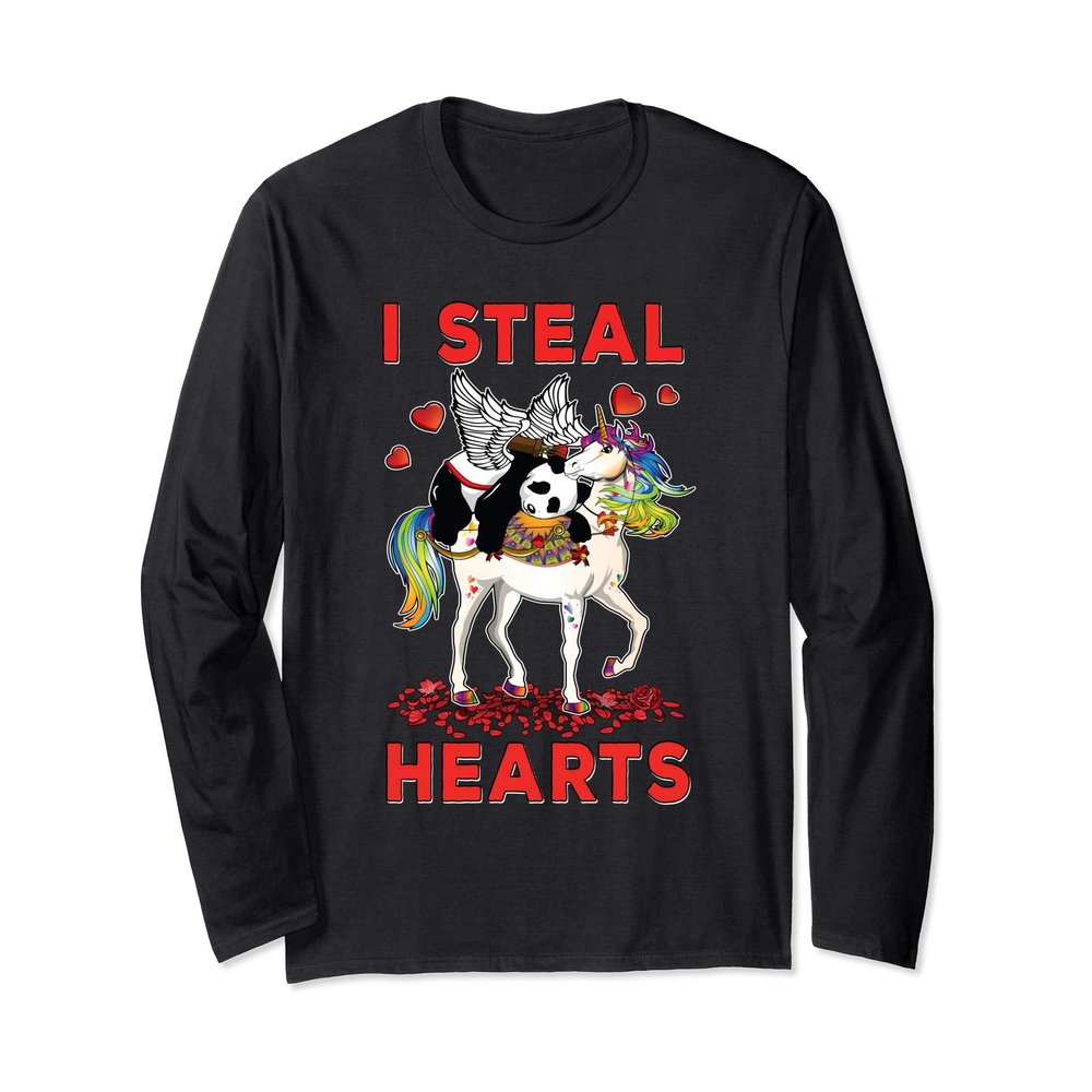I Steal Hearts Cute Cupid Panda Unicorn Valentines Day Gift Long Sleeve T-Shirt