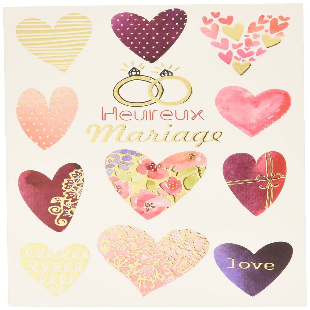 Happy Wedding Card Congratulations with Gold Gold Love Hearts Pink Rings Couple Engagement Ring Made in France