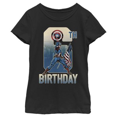 Marvel Girl's Capt America 6TH Bday T-Shirt, Black, Medium