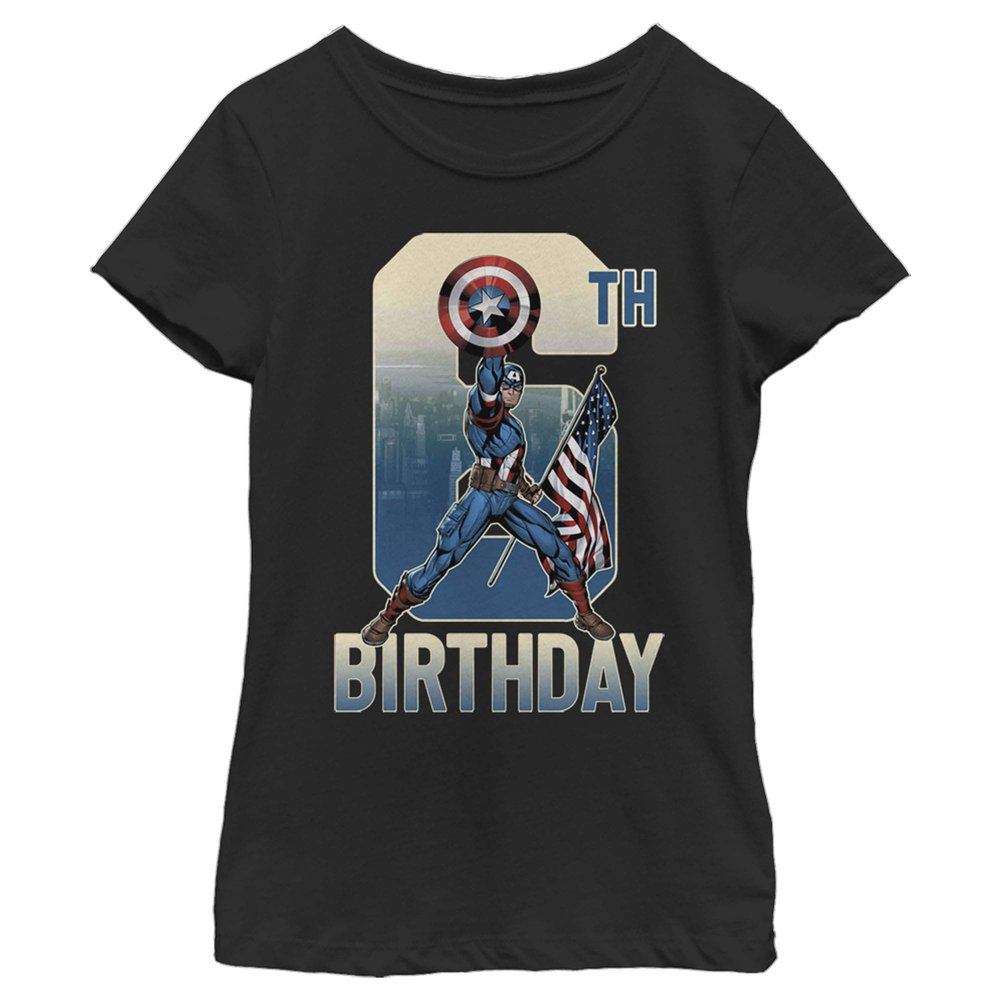 Marvel Girl's Capt America 6TH Bday T-Shirt, Black, Medium