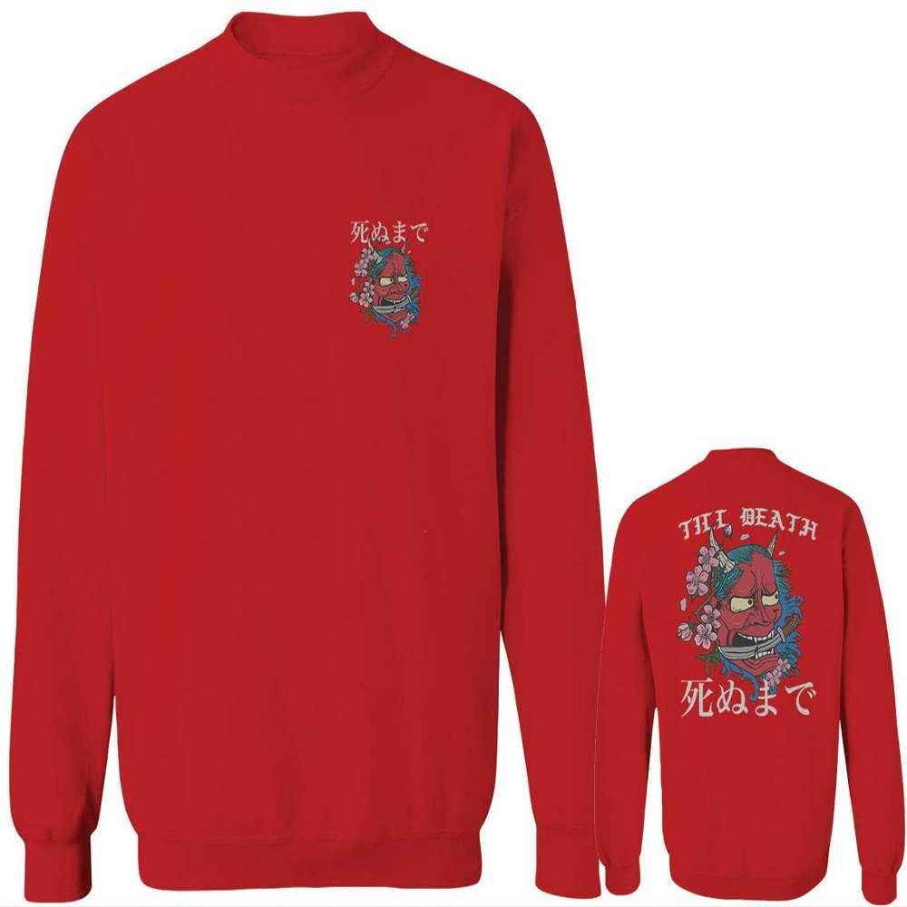 0248. Demon Graphic Traditional Japanese Till Death Anime Aesthetics Society Men's Crewneck Sweatshirt (Red, Large)