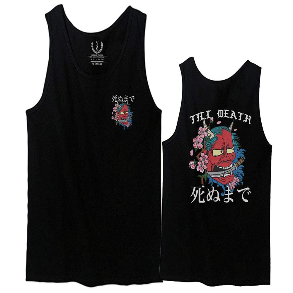 0248. Demon Graphic Traditional Japanese Till Death Anime Aesthetics Society Men's Tank Top (Black, Small)