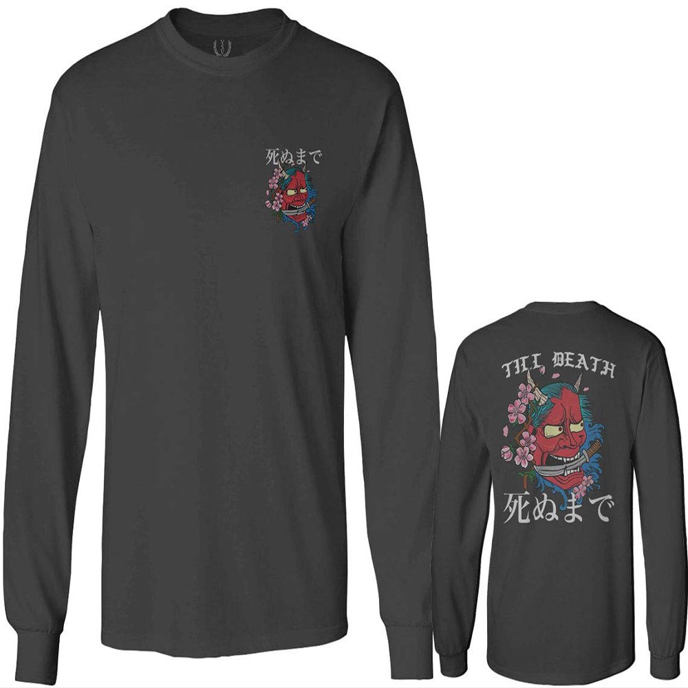 0248. Demon Graphic Traditional Japanese Till Death Anime Aesthetics Society Men's Long Sleeve t Shirt (Characol, Small) Charcoal
