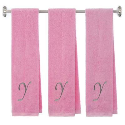 BY LORA Personalized Terry Cotton Gym Fitness Towel for Men, Women, Girls, Boys - Terry Cotton Gym Fitness Towel - 13 x 44 inches - 3-Pack - Pink Color Towel - Silver Script Initial Y