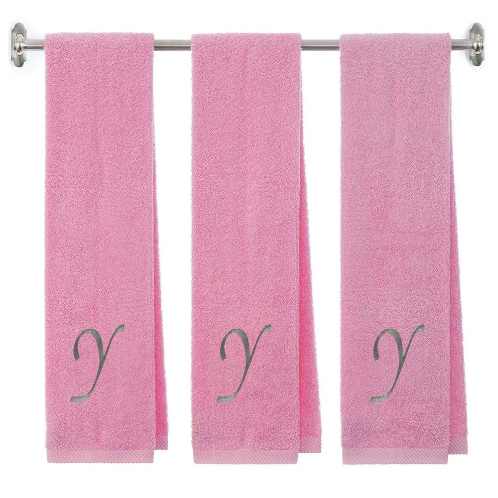 BY LORA Personalized Terry Cotton Gym Fitness Towel for Men, Women, Girls, Boys - Terry Cotton Gym Fitness Towel - 13 x 44 inches - 3-Pack - Pink Color Towel - Silver Script Initial Y