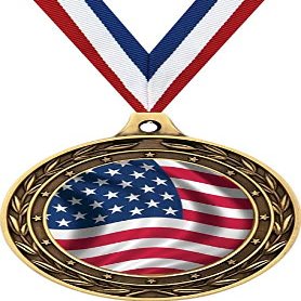 American Flag Gold Duo Medal, 3" USA Flag Prizes, Kids Patriotic Trophy Medal Awards 50 Pack Prime
