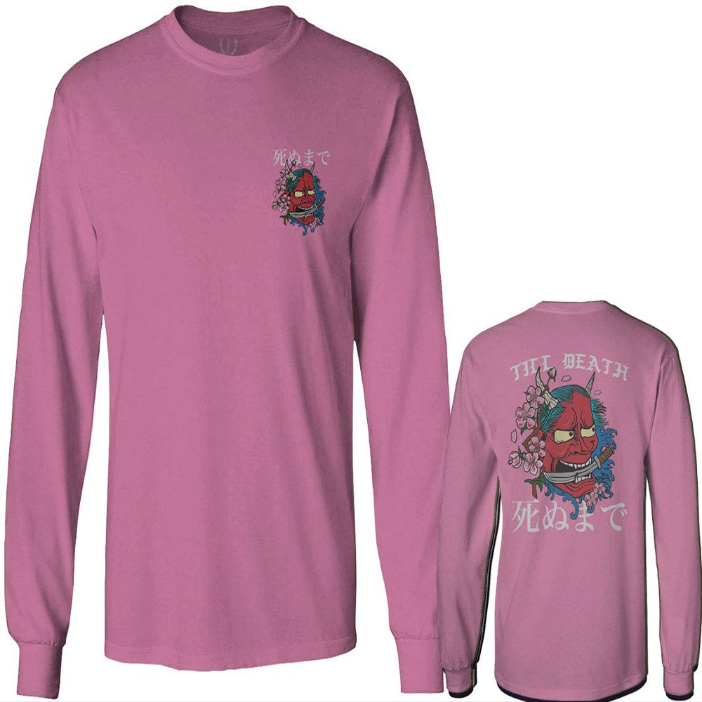 0248. Demon Graphic Traditional Japanese Till Death Anime Aesthetics Society Men's Long Sleeve t Shirt (Pink X-Large)