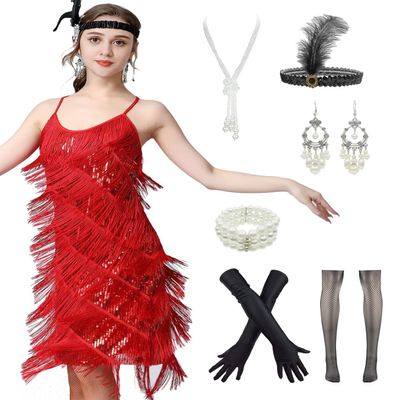 YEMILL Women's Flapper Dress 1920s Gatsby Tassel Sway Dance Cocktail Dress with 20s (M, Only flapper dress Style 1 Black Red)