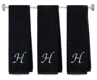 Embroidered Terry Cotton Gym Fitness Towel for Men, Women, Girls, Boys - Personalized Gift - Black Color Towel - Silver Script Initial H