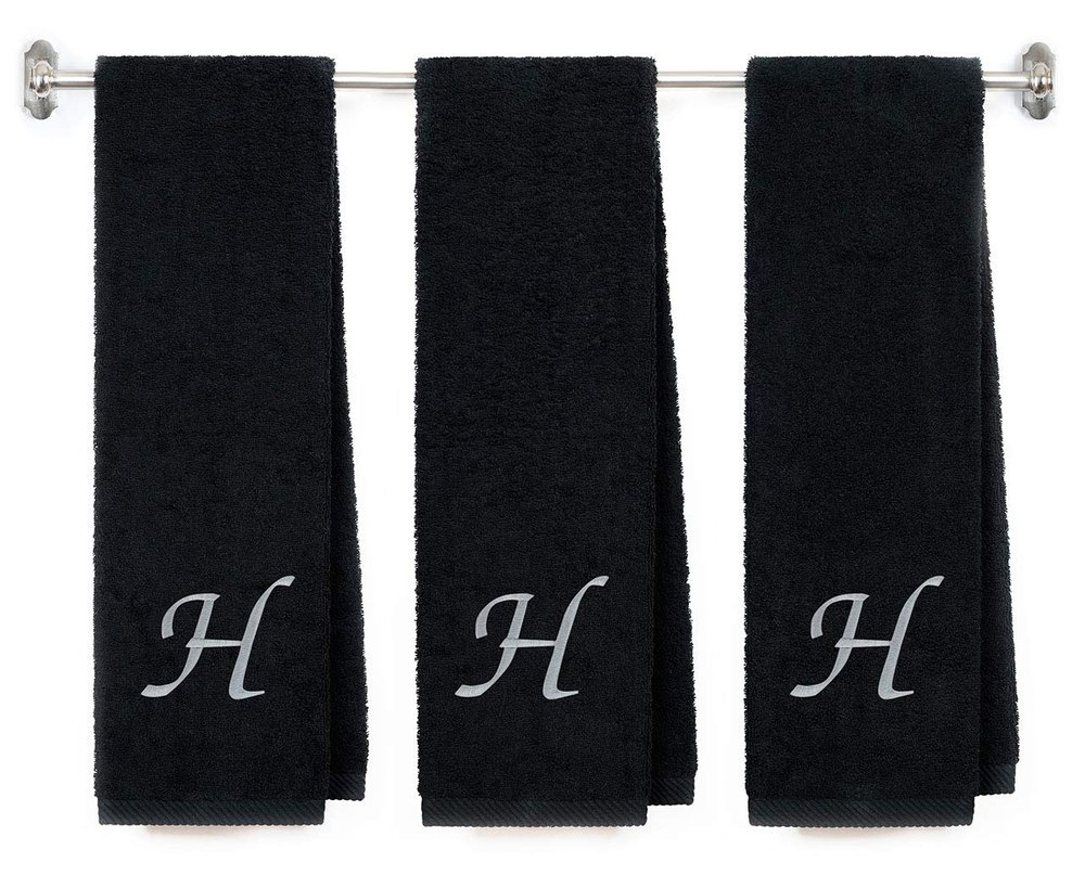 Embroidered Terry Cotton Gym Fitness Towel for Men, Women, Girls, Boys - Personalized Gift - Black Color Towel - Silver Script Initial H
